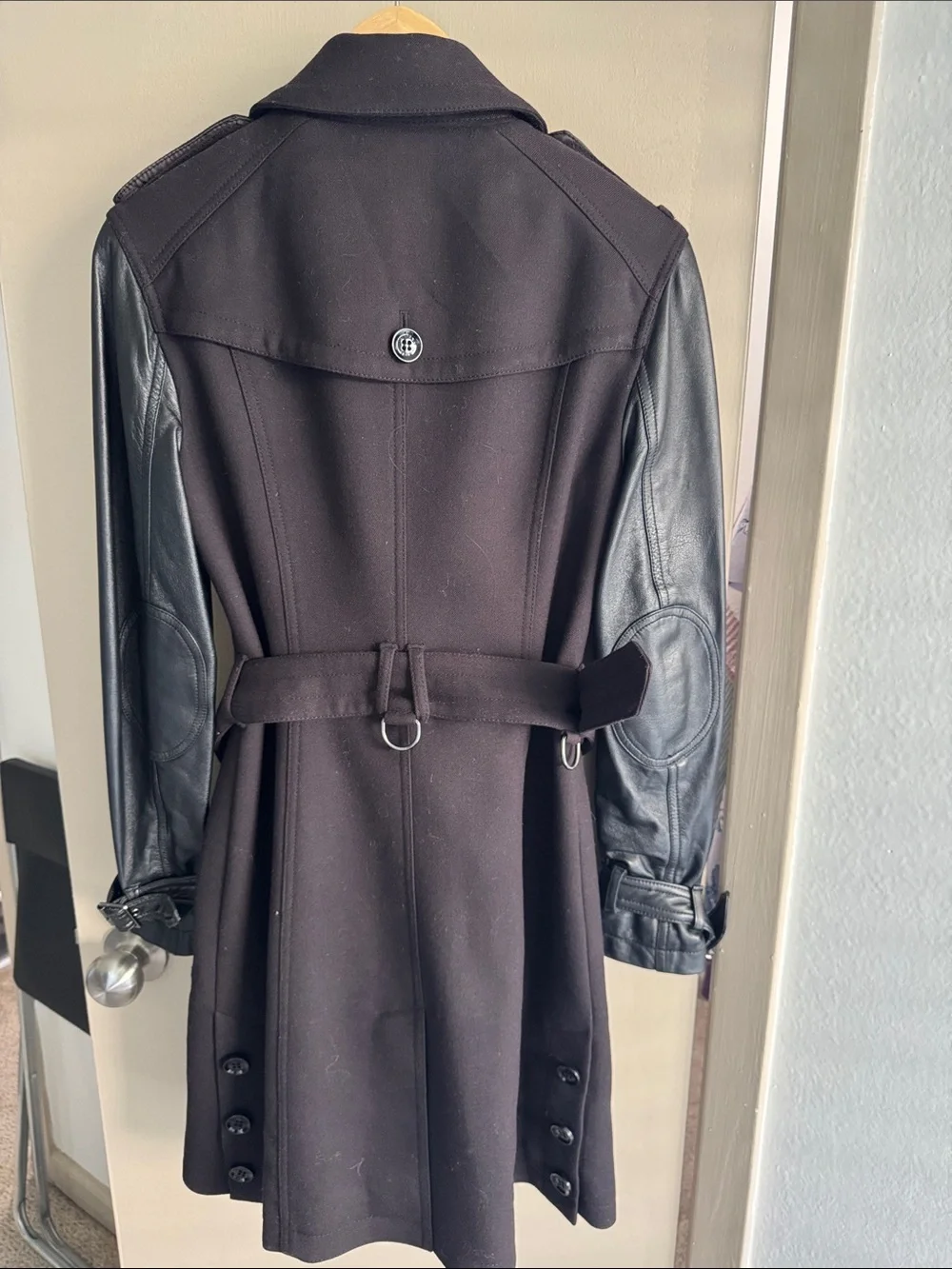Burberry Black Trench Coat with Black Leather Sleeves - Picture 3 of 3